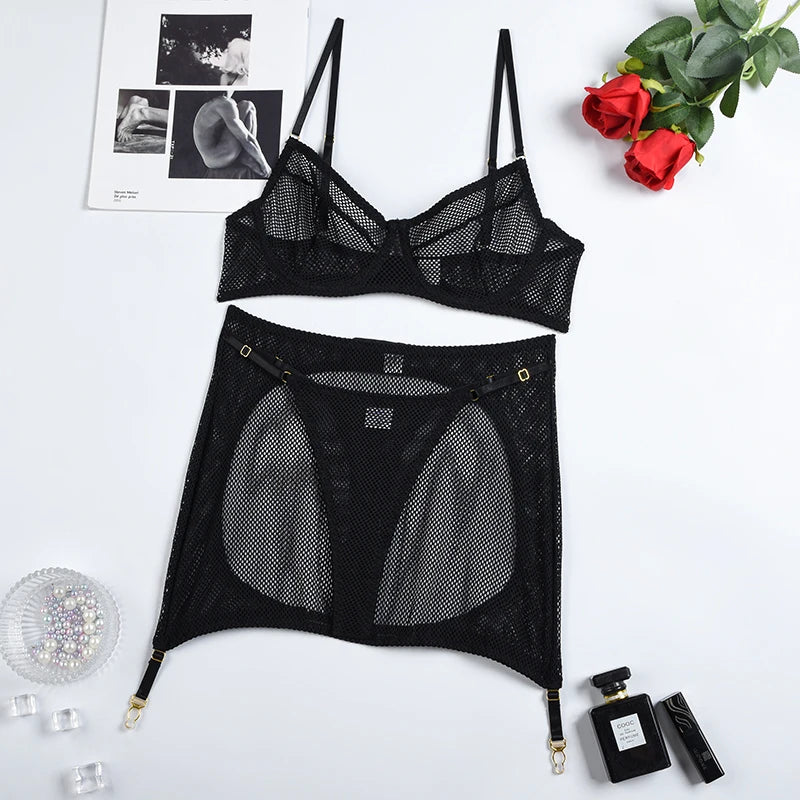 Black Mesh Luxury Three-Piece Lingerie Set