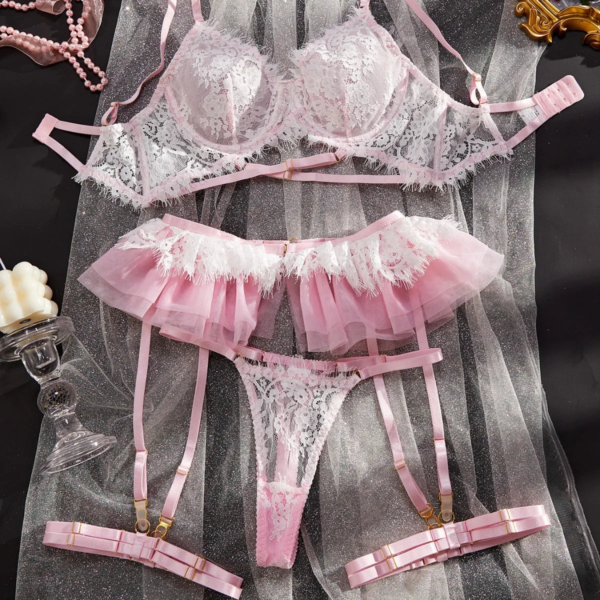 Ruffles Lace Four-Piece Lingerie Set