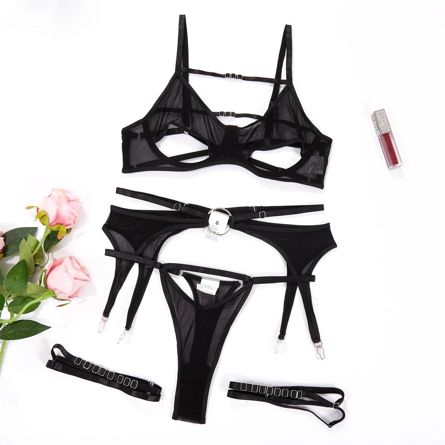 Metal Ring Cut Outs Four-Piece Lingerie Set