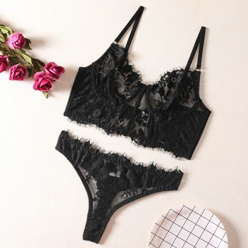 Floral Embroidery Lace Two-Piece Lingerie Set