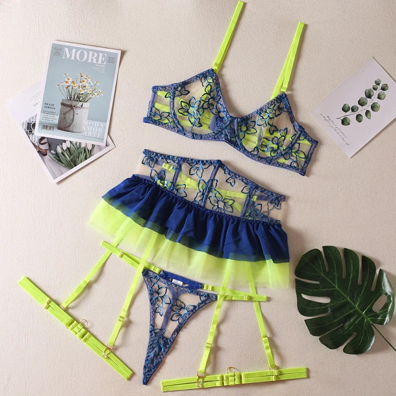 Floral Neon Embroidery Ruffle Three-Piece Lingerie Set