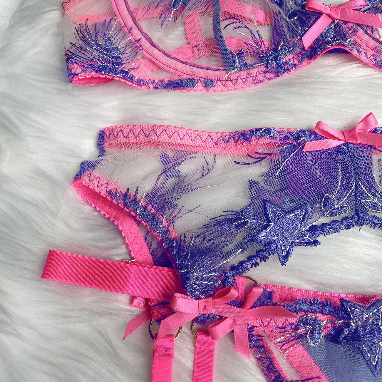 Purple Floral Embroidery Three-Piece Lingerie Set