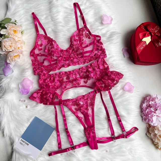 HEART Pink Embroidery Three-Piece Lingerie Set