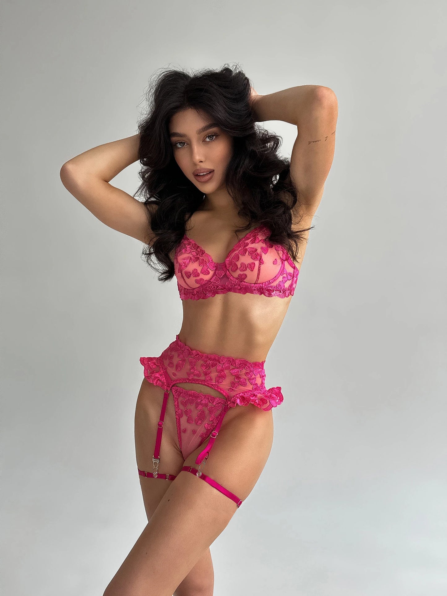 HEART Pink Embroidery Three-Piece Lingerie Set