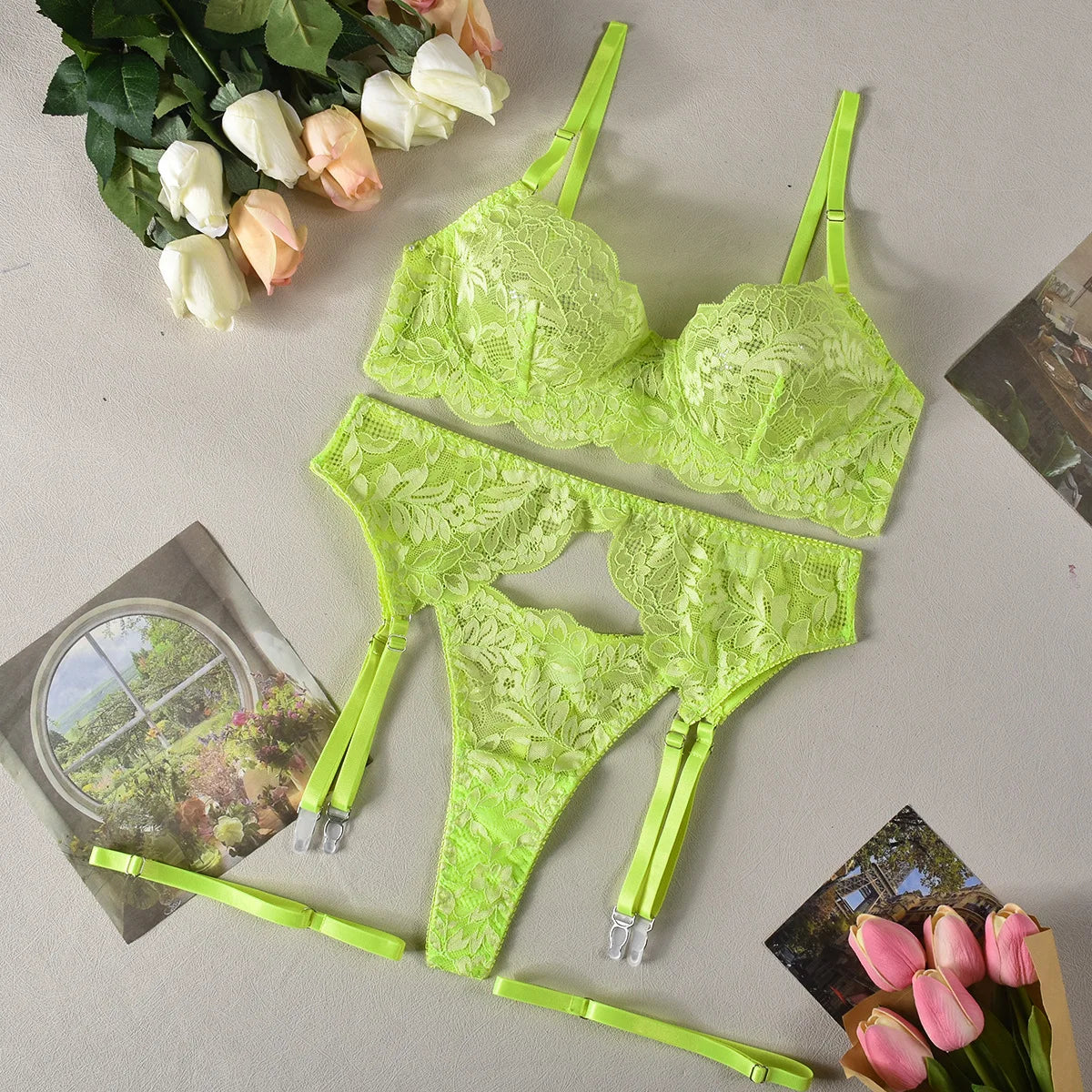 Yellow Lace Three-Piece Lingerie Set