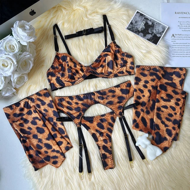 LEOPARD Brown Four-Piece Lingerie Set