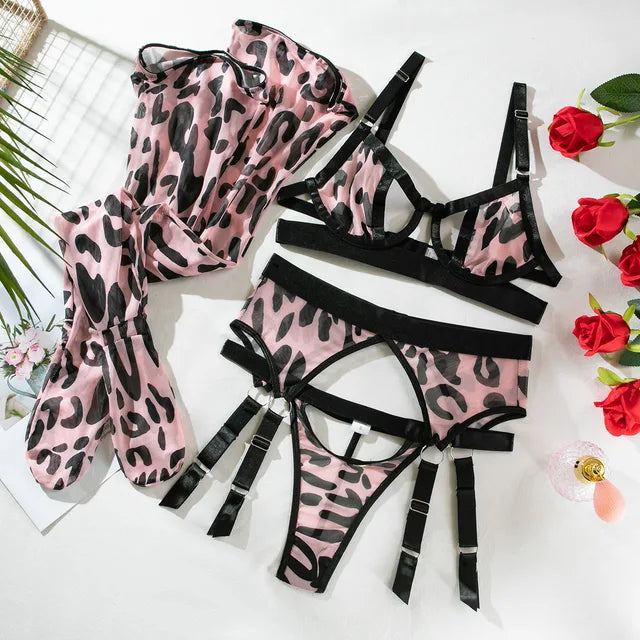 LEOPARD Pink Three-Piece Lingerie Set