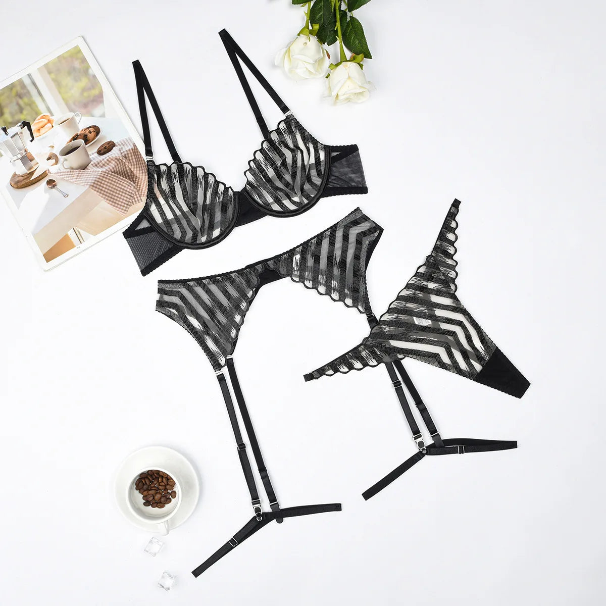 Stripped Mesh Three-Piece Lingerie Set