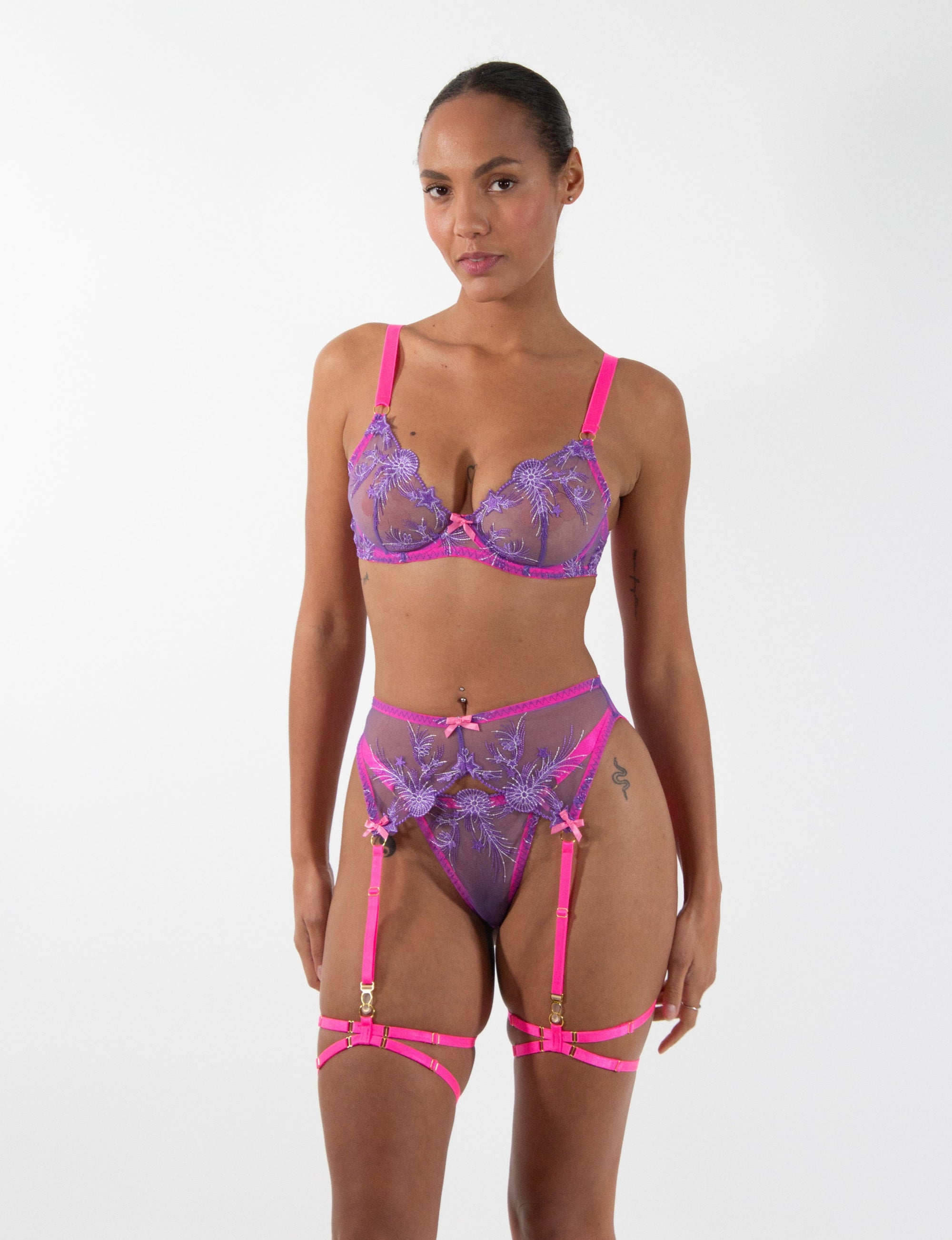 Purple Floral Embroidery Three-Piece Lingerie Set