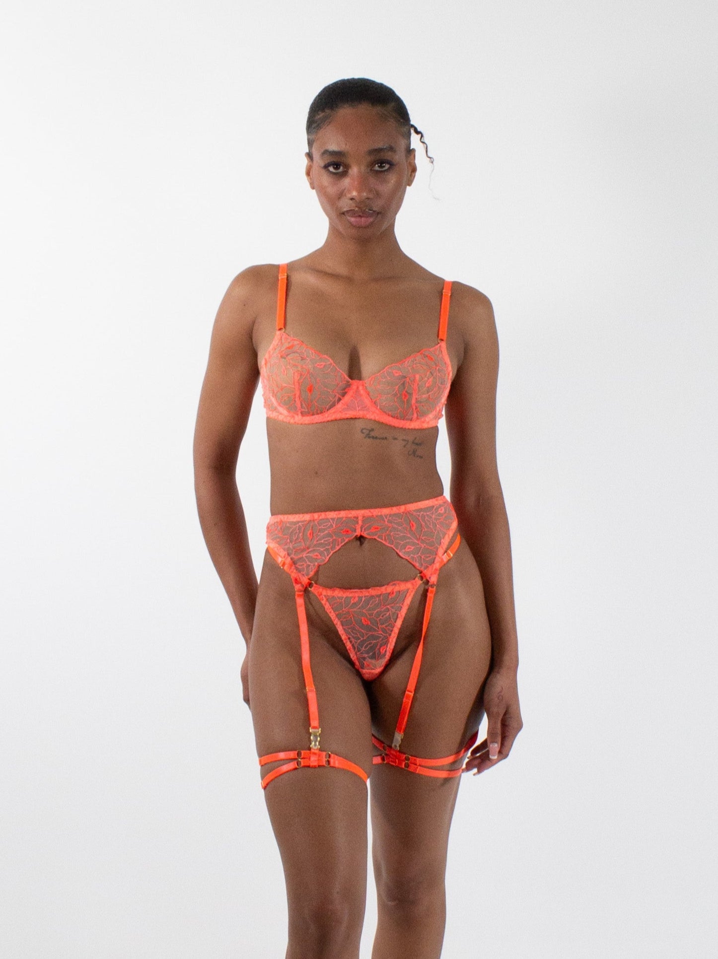 NIA Orange Neon Three-Piece Lingerie Set