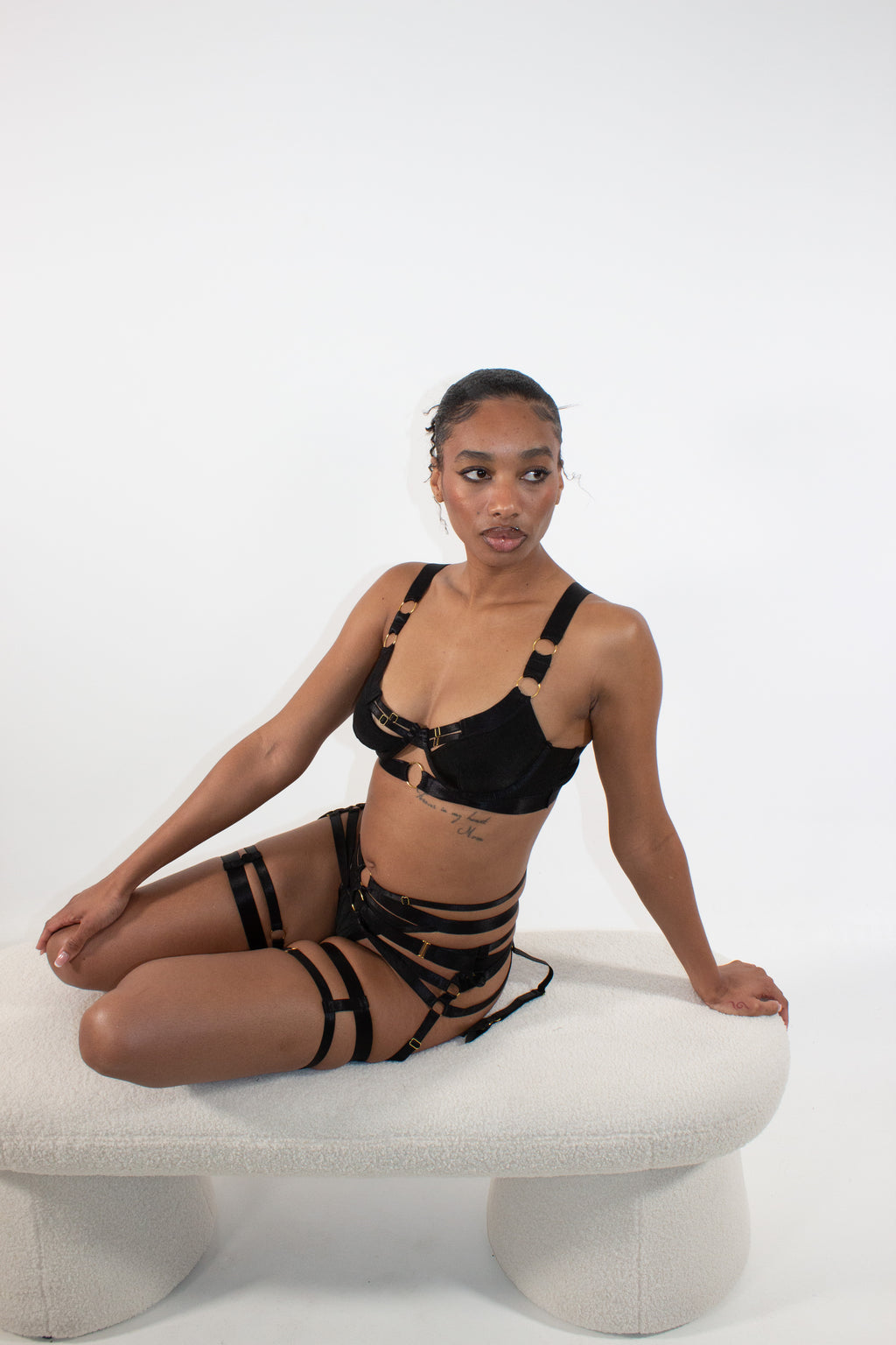Strapped Black Mesh Three-Piece Lingerie Set