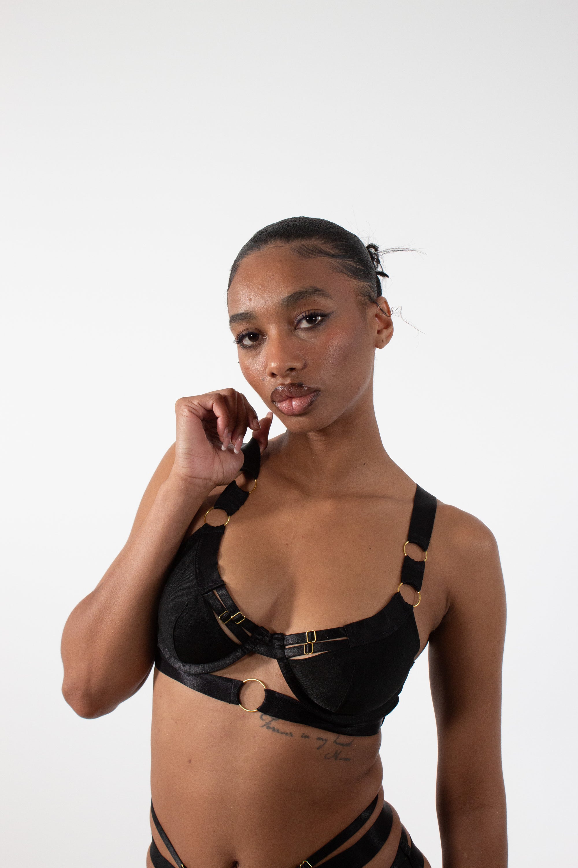 Strapped Black Mesh Three-Piece Lingerie Set