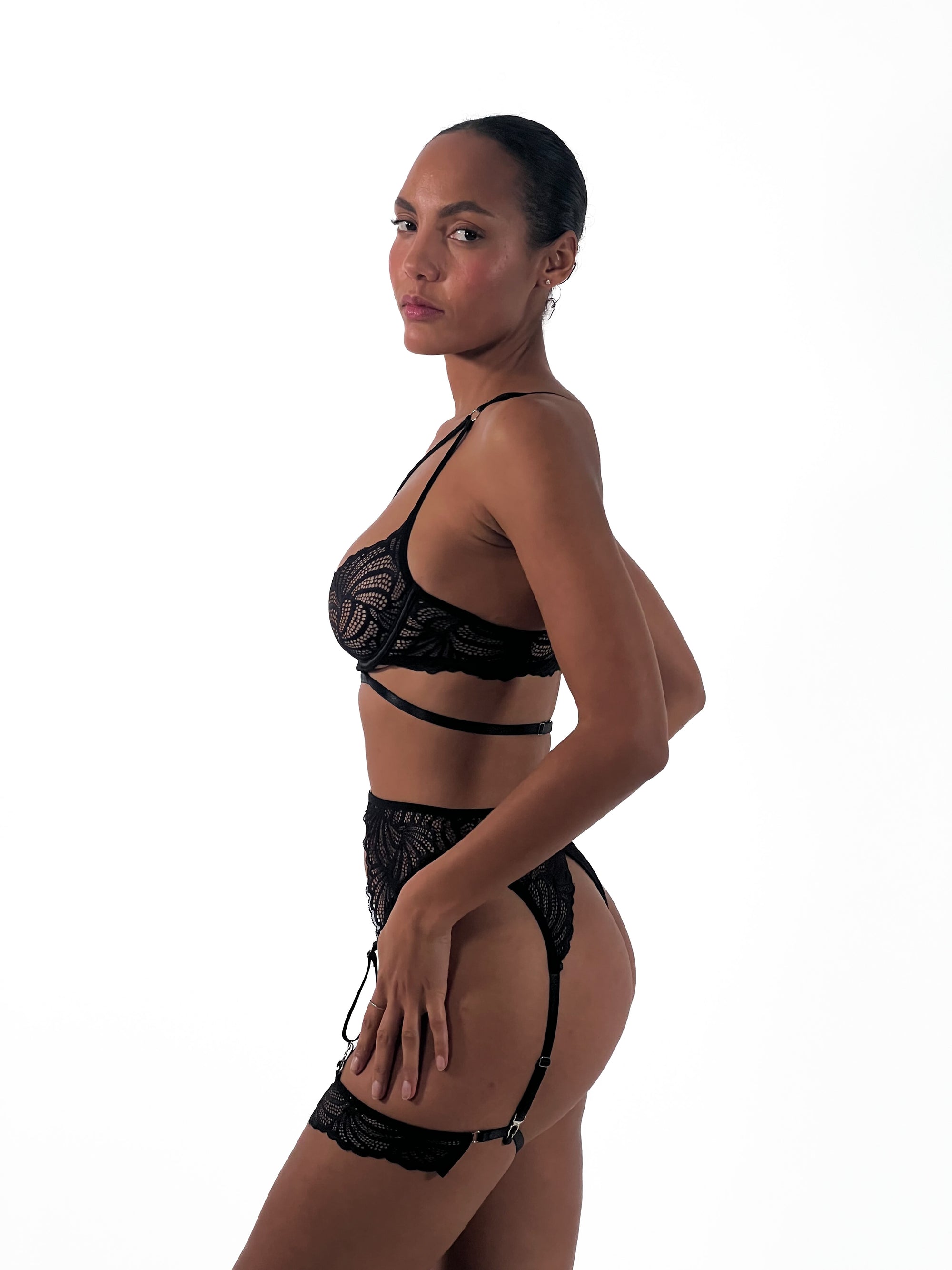 BUTTERFLY Black Lace Three-Piece Lingerie Set