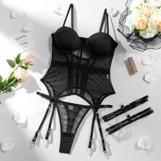 Mesh Corset Three-Piece Lingerie Set