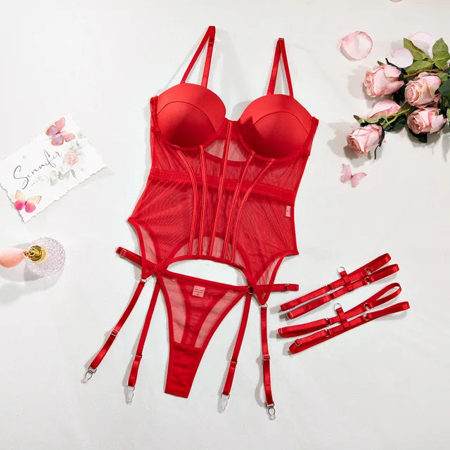 Mesh Corset Three-Piece Lingerie Set