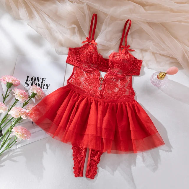 Babydoll Lace Bodysuit Two-Piece Set