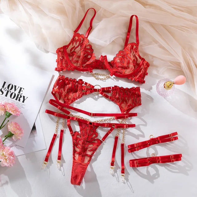 Luxury Red Embroidery Four-Piece Lingerie Set