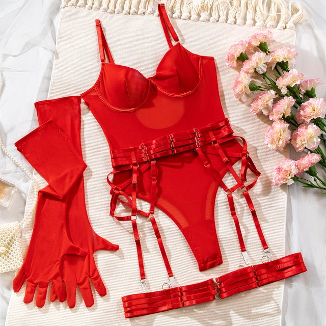 Red Bodysuit Three-Piece Lingerie Set