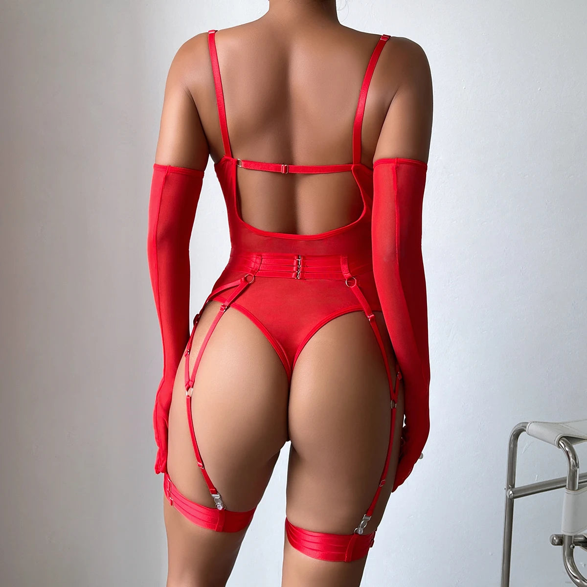 Red Bodysuit Three-Piece Lingerie Set