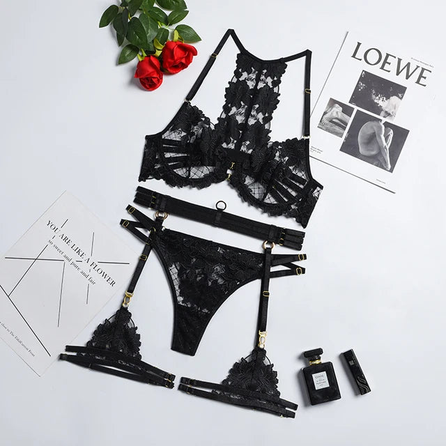 Black Floral Lace Four-Piece Lingerie Set