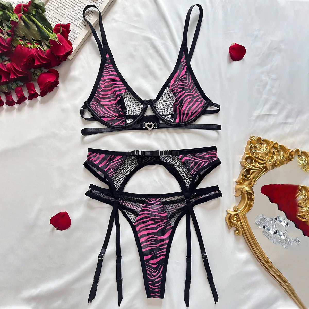 Pink Leopard Lace Three-Piece Lingerie Set