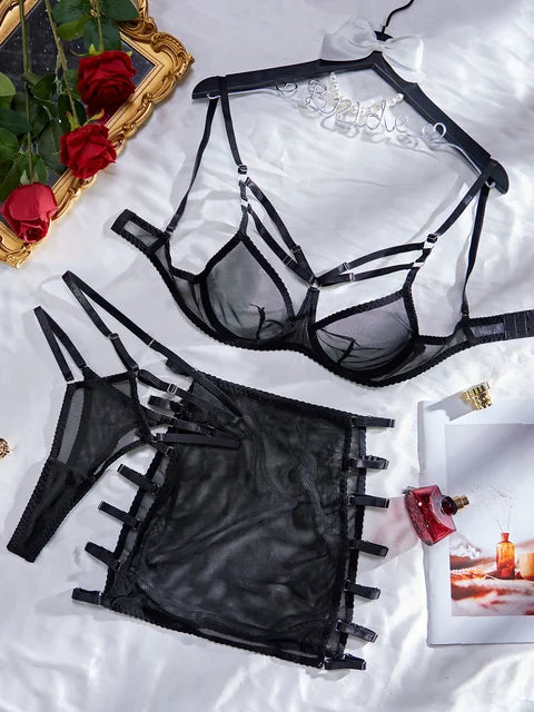 Black Mesh Mini Skirt Three-Piece Lingerie Set