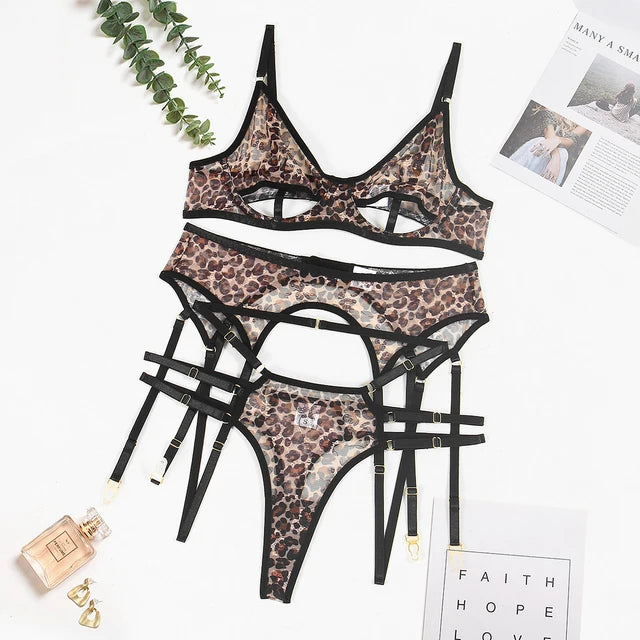 Leopard See-Through Mesh Three-Piece Lingerie Set