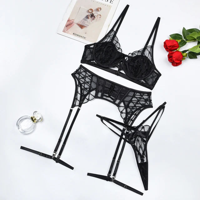 Black Diamond Mesh Three-Piece Lingerie Set