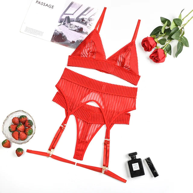 Red Knitted Three-Piece Lingerie Set