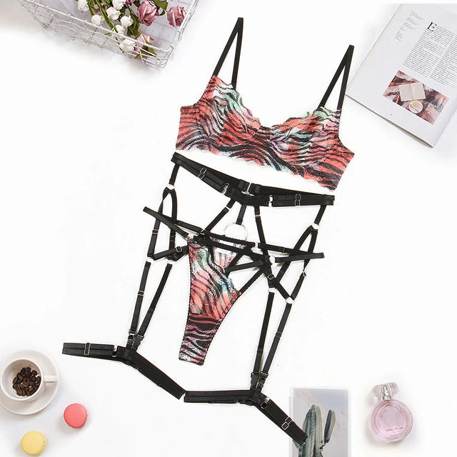 Tie-Dye Print Four-Piece Lingerie Set