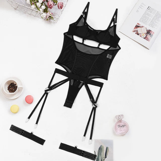 Black Mesh Cut Out Four-Piece Lingerie Set