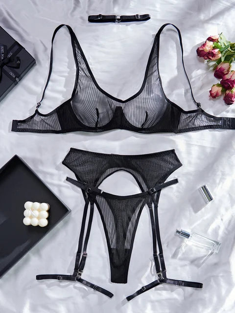 Black Vertical Pattern Mesh Three-Piece Lingerie Set