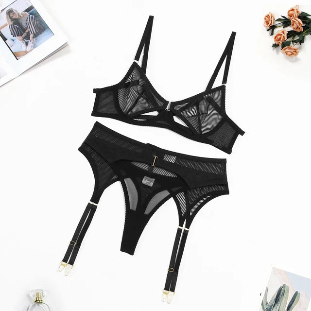 Hollow Stripped Mesh Three-Piece Lingerie Set