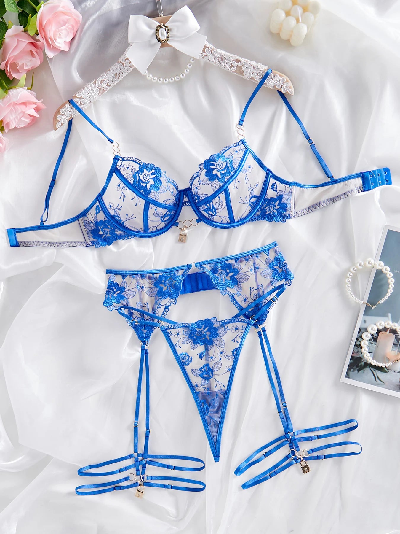 Blue Charm Three-Piece Lingerie Set