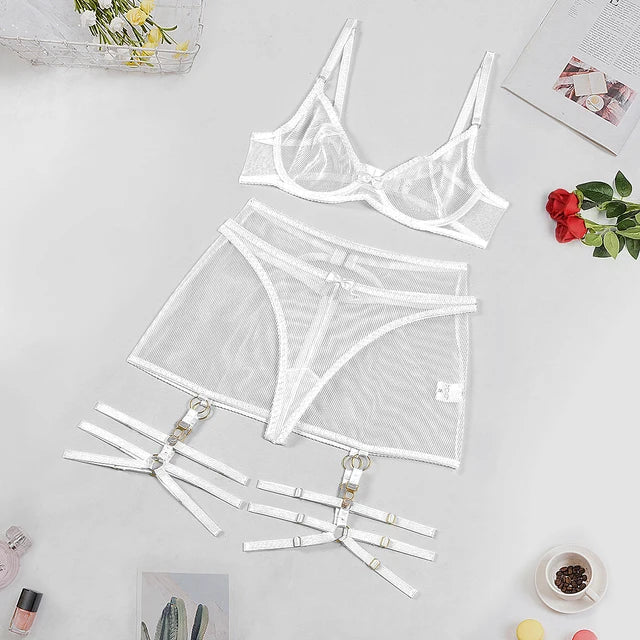 Stripped Mesh Four-Piece Lingerie Set