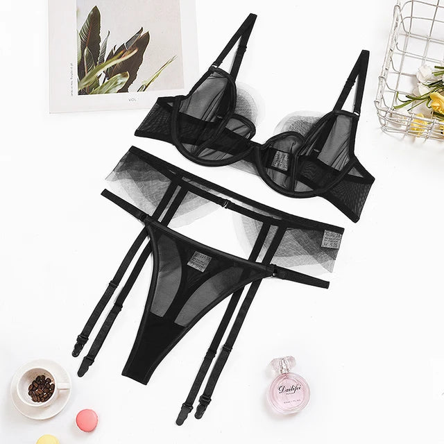 Black Tulle Three Piece Lingerie Set