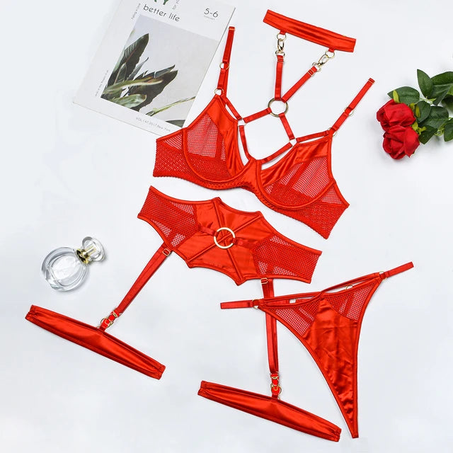 Red Steel Ring Four-Piece Lingerie Set