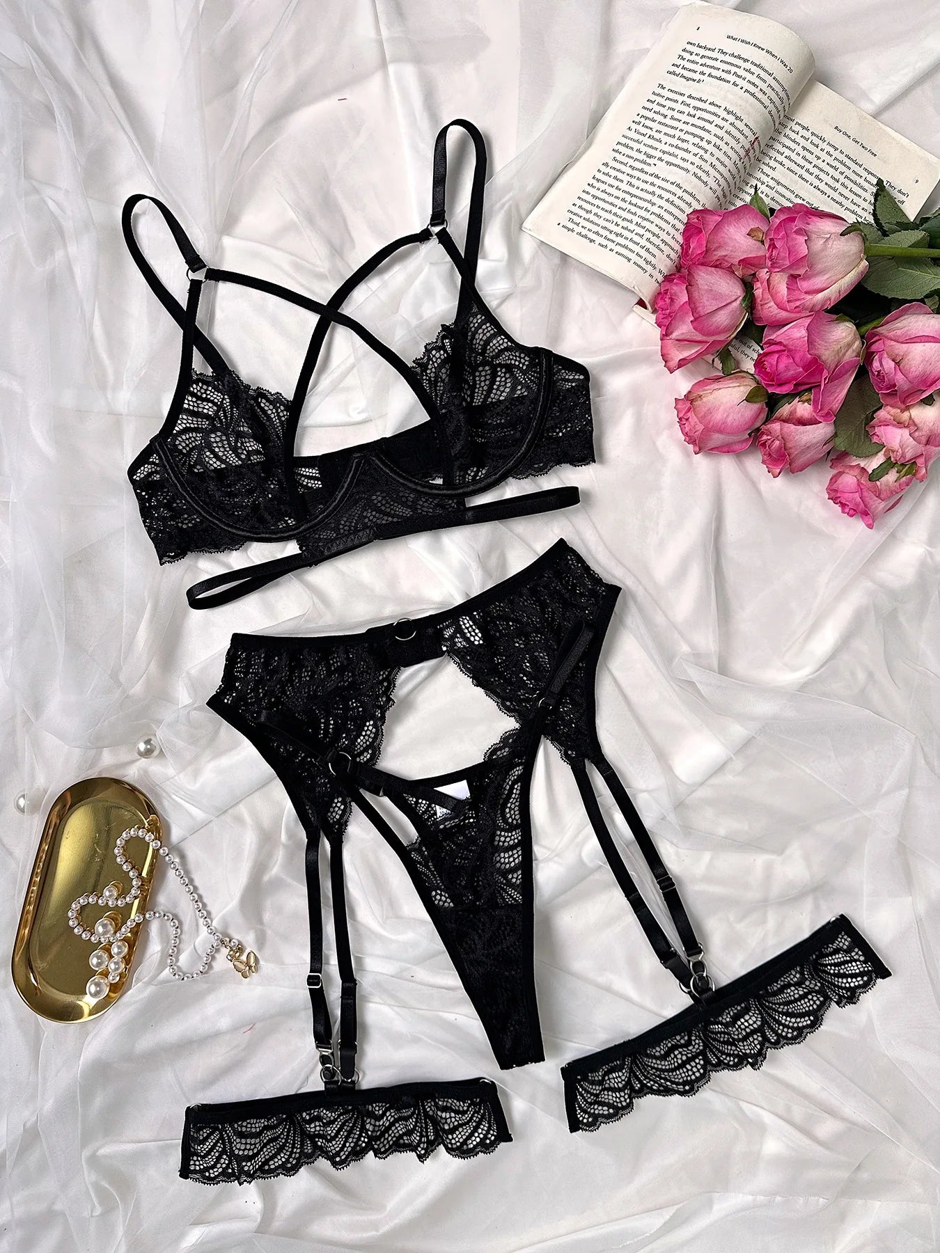 BUTTERFLY Black Lace Three-Piece Lingerie Set