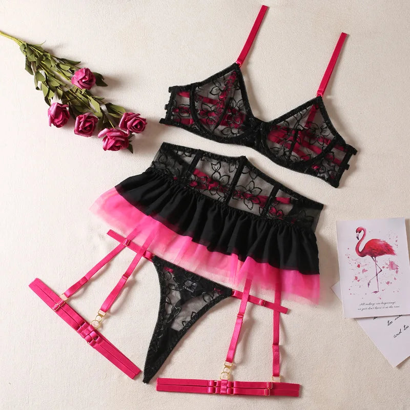 Floral Neon Embroidery Ruffle Three-Piece Lingerie Set