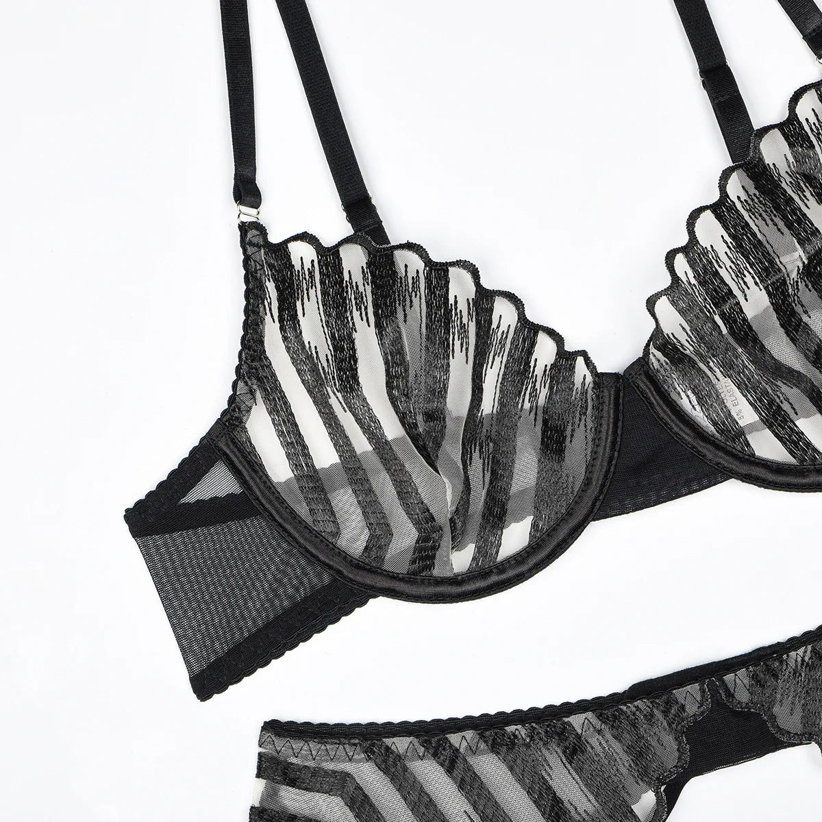 Stripped Mesh Three-Piece Lingerie Set