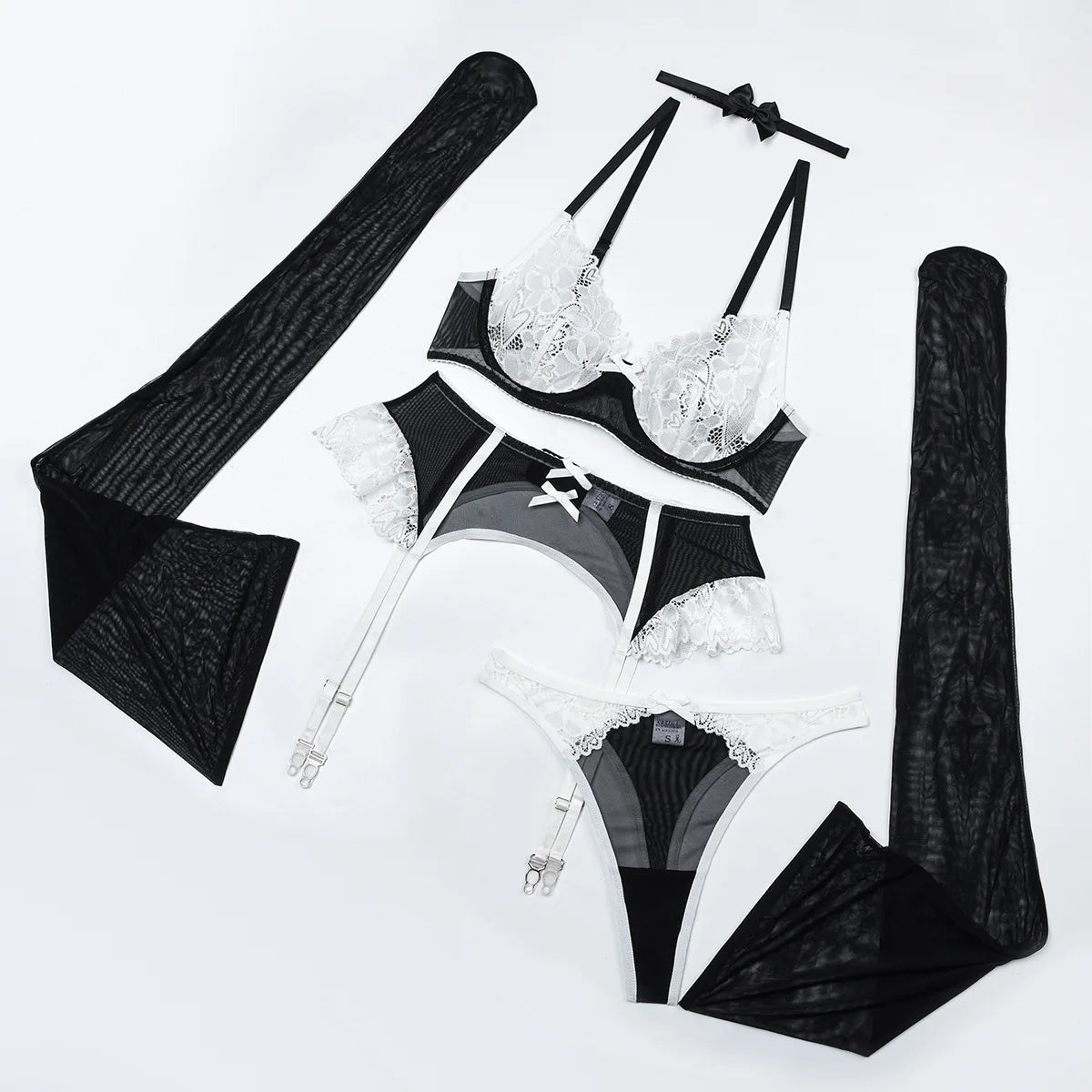 Black And White Lace Five-Piece Lingerie Set