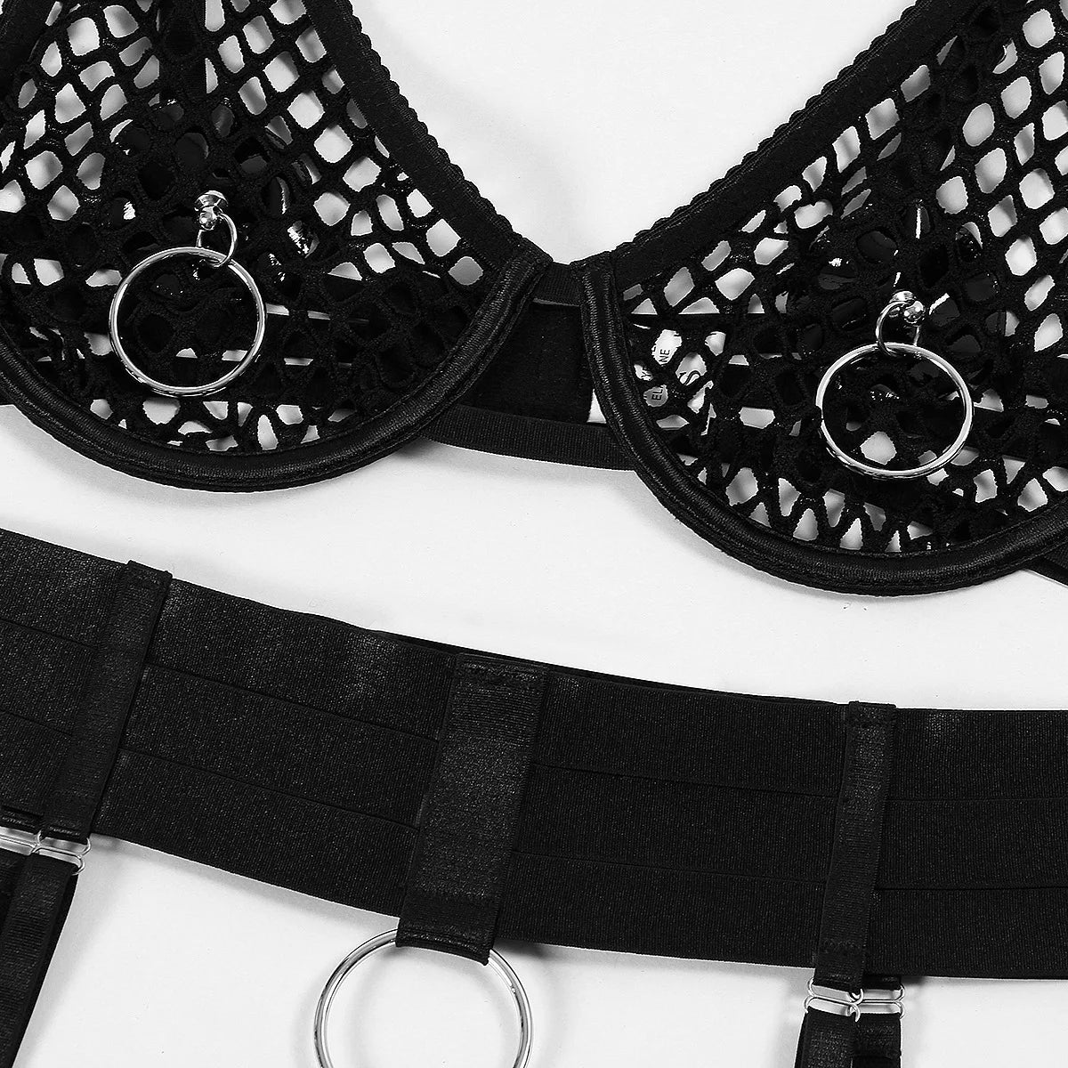 Fishnet Metal Ring Four-Piece Lingerie Set