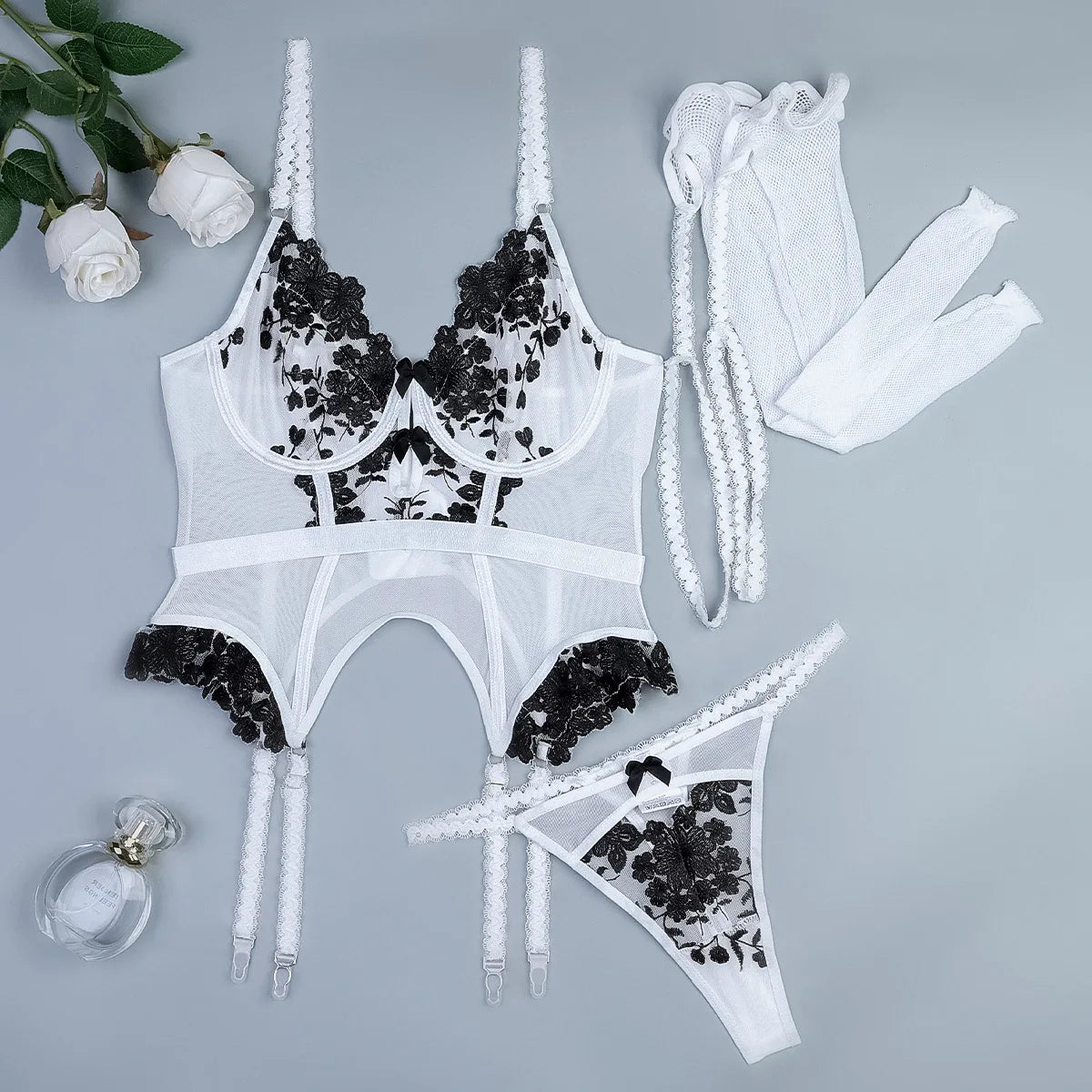 Lace Black And White Corset Embroidery Three-Piece Lingerie Set