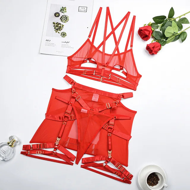 See-Through Mesh Mini Skirt Four-Piece Lingerie Set