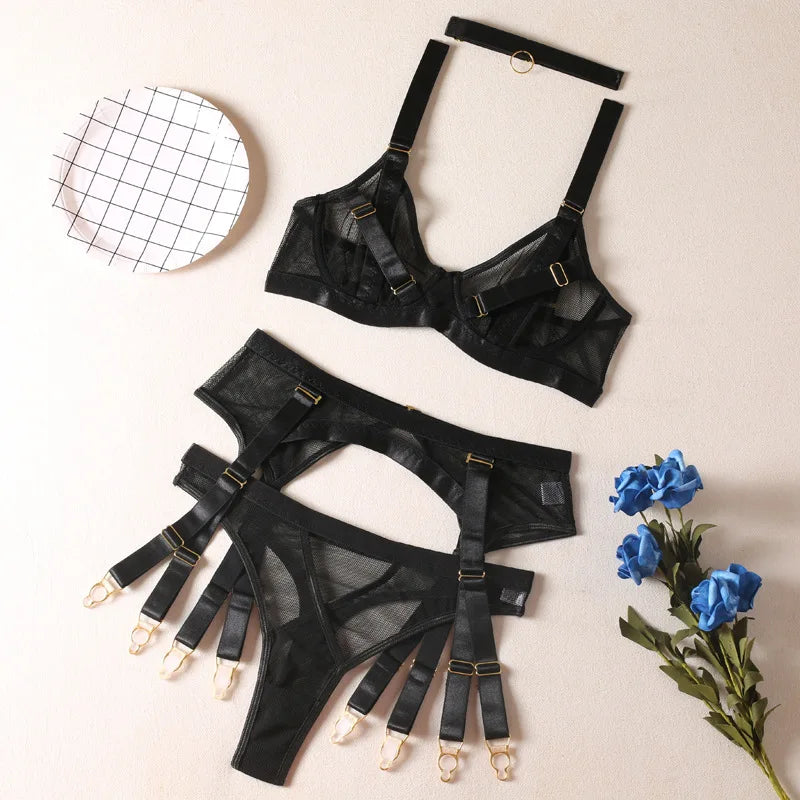 Strapped Black Mesh Three-Piece Lingerie Set