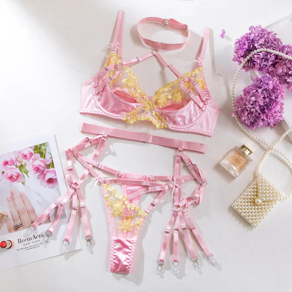 Floral Yellow And Pink Lace Embroidery Three-Piece Lingerie Set