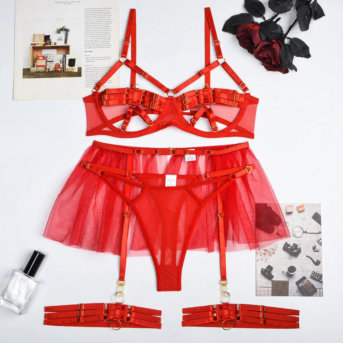 Open Bra Ruffles Three-Piece Lingerie Set