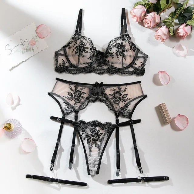 Floral Nude Lace Embroidery Four-Piece Lingerie Set