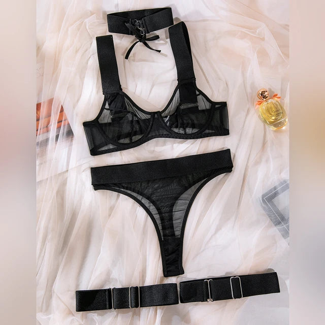 Mesh Transparent High Waisted Four-Piece Lingerie Set